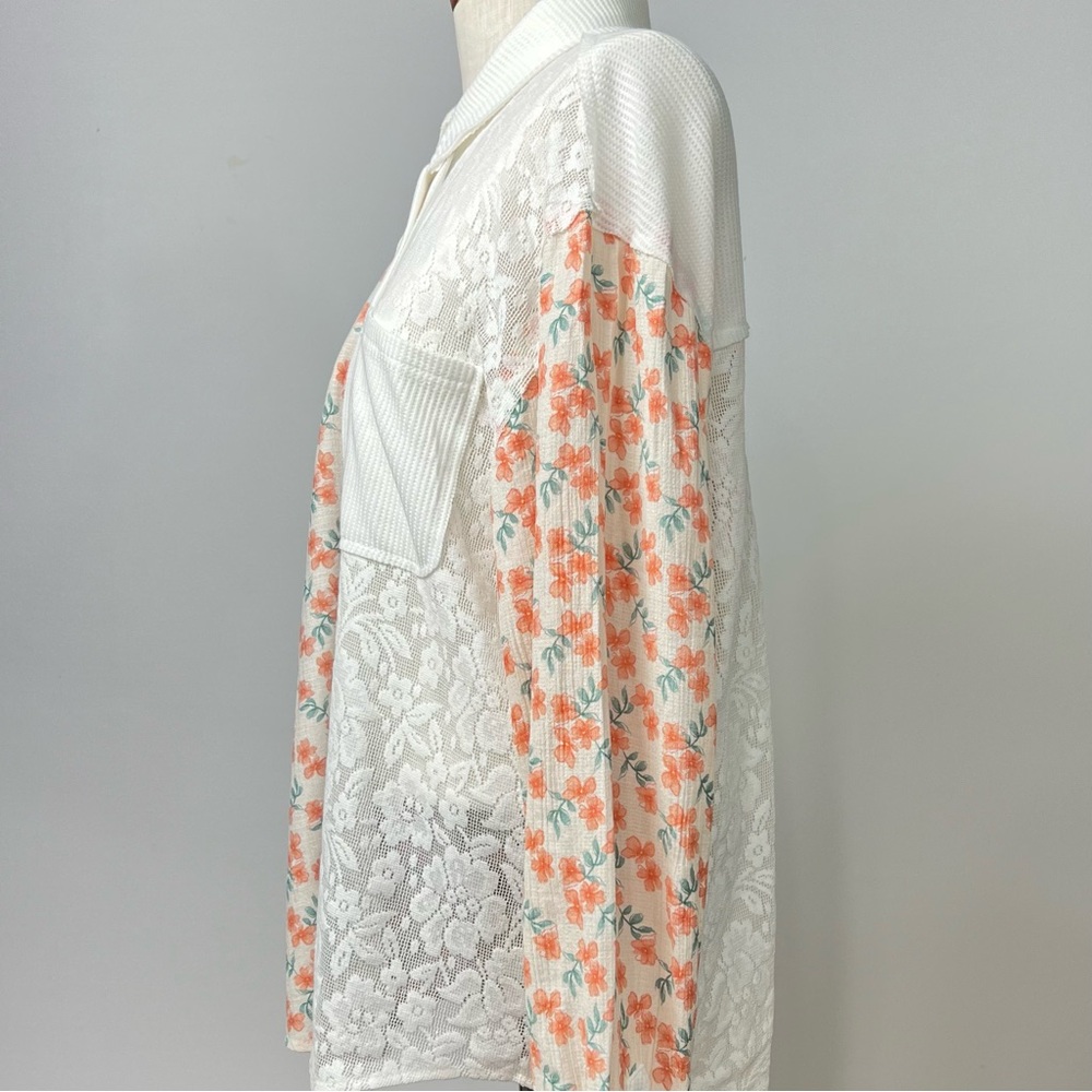 POL Floral Lace Patchwork Button Front Blouse Boh… - image 3
